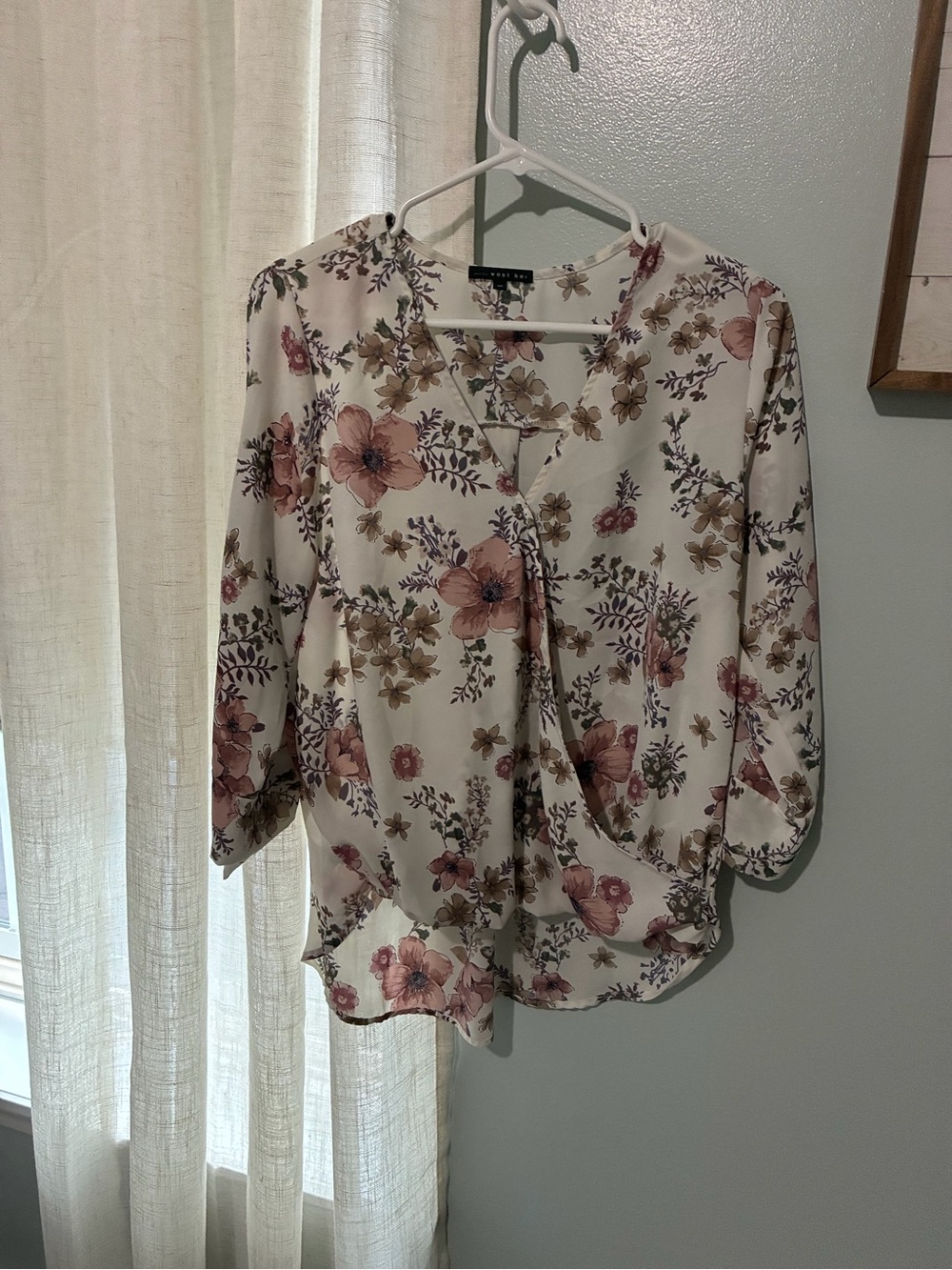 Floral Split-Neck Blouse in Cream and Pink - Women's